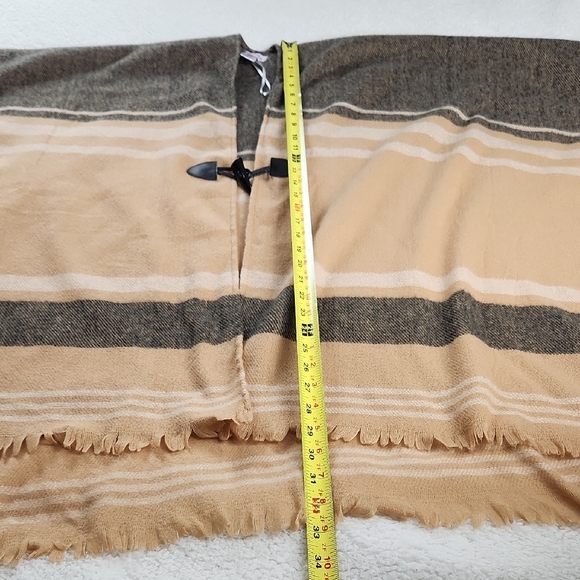 Striped Tan and Gray Poncho with Toggle Closure And Fringe - Picture 8 of 9